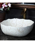 USZWBY Vessel Sinks Vessel Sink Square Vintage Hand Carved Lotus Pattern Countertop Ceramic Bathroom Art Basin Bathroom Bowl Sink, top view.