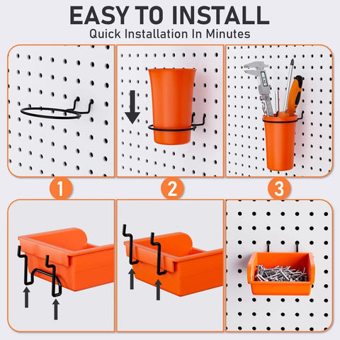 Upgraded Pegboard Organizer Kit All In One With 330 Piece Accessory Set Bins Cups And Hooks installation process displayed.