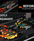 Before and after view using 12 Piece Magnetic Plier Organizer Set For Toolbox And Drawer Modular Tool Holder System For Pro Mechanics And DIYers Keeps Pliers And Hand Tools Neatly In Place In Black