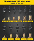 Rivet Nut Tool Kit With 11 Mandrels And 175 Rivet Nuts, 14 Inch Nutsert Tool For Auto Mods, RV Van Conversion, And Metal Fabrication, Pro Grade Kit In Rugged Carry Case, image showing 11 different mandrels and matching rivet nuts.