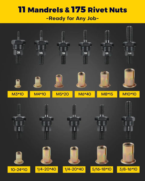 Rivet Nut Tool Kit With 11 Mandrels And 175 Rivet Nuts, 14 Inch Nutsert Tool For Auto Mods, RV Van Conversion, And Metal Fabrication, Pro Grade Kit In Rugged Carry Case, image showing 11 different mandrels and matching rivet nuts.