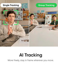 Next Level PTZ 4K Webcam For PC And Mac showcasing single and group AI tracking in a modern conference room.