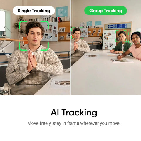 Next Level PTZ 4K Webcam For PC And Mac showcasing single and group AI tracking in a modern conference room.