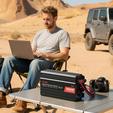 Man using 1000W 12V DC To 120V AC Modified Sine Wave Inverter With Dual AC Outlets, USB And Type C Charging Ports outdoors