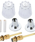 Two Piece Bathtub And Shower Knob Replacement Kit with clear acrylic handles, brass stems, seats, and flanges visible.