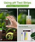 Close-up of pH test strip in soil moisture meter kit with sample tube and pH color chart for All In One Soil Moisture Meter For Plants