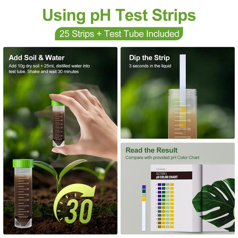 Close-up of pH test strip in soil moisture meter kit with sample tube and pH color chart for All In One Soil Moisture Meter For Plants