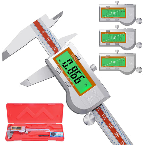 Stainless Steel Digital Caliper With Backlit LCD Auto Off IP54 Splash Proof Inch Millimeter Conversion 6 Inch 150 Millimeter Vernier Micrometer Style Tool Built Tough For Quick Pro Grade Measurements displayed with LCD and red case.