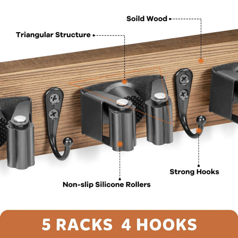 Close-up of a rustic wood broom holder wall mount with 5 racks and 4 hooks, featuring non-slip silicone rollers and solid wood construction.