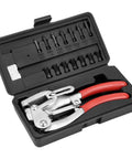 Open case of Heavy Duty Metal Hole Punch Kit with Chrome Vanadium steel punches from 3/32 to 9/32 inch, red-handled tool visible.