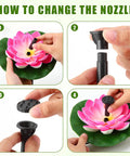 Guide for changing nozzles on Two Pack Solar Water Fountain Pumps with Water Lily Sprout Nozzles for Bird Bath Pond.