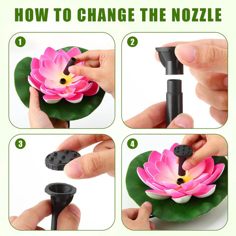 Guide for changing nozzles on Two Pack Solar Water Fountain Pumps with Water Lily Sprout Nozzles for Bird Bath Pond.