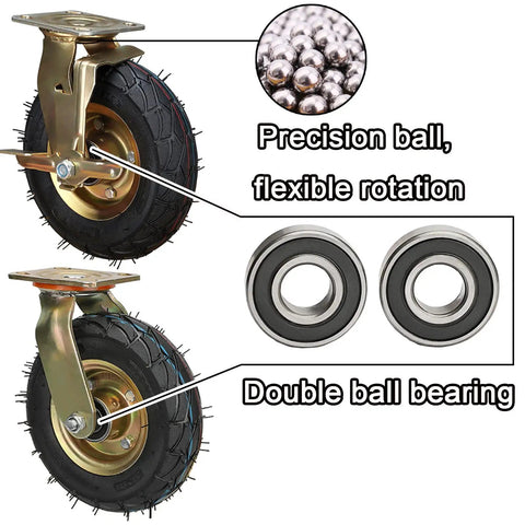 Heavy Duty Pneumatic Swivel Caster Wheels With Side Brakes For Workbenches Furniture Carts And Garage Rubber Wheels With Stainless Steel Screws Load Capacity Built To Last And Ready To Roll showing double ball bearings and precision balls