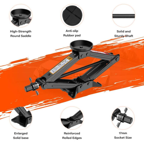 2.5 Ton Universal Scissor Car Jack Kit With Portable Tire Changing System Lifts From 5.1 Inches To 16.79 Inches For Cars Sedans SUVs MPVs And More Ready For Any Roadside Tire Change with high-strength round saddle and anti-slip rubber pad