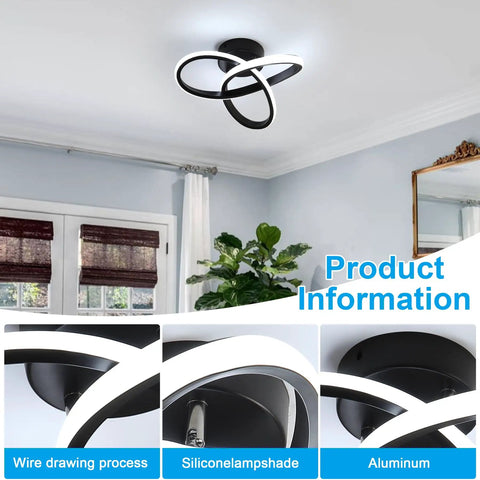 Modern LED Ceiling Light 22W Spiral Design Fixture 6500K Cool White 2000 Lumens Flush Mount in black finish installation view