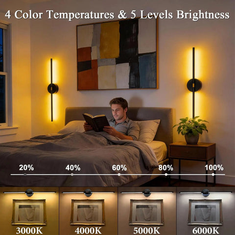 Wireless Wall Sconces Set Of Two With 10000Mah Rechargeable Battery Cordless Lights Zero Plug Headaches Touch And Remote Controls 360 Rotating Black Finish in cozy bedroom.