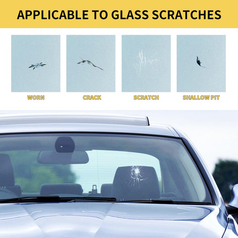 Windshield Chip Repair Kit with Fast Curing Resin for Quick Fix of Star Shaped and Bull Eye Cracks on Car Windows visible with damage examples
