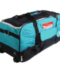 Beefy Wheeled Tool Duffel Bag With Slick Rollers And Rock Solid Handles For Portable Contractor Gear Transport And Massive Jobsite Storage Solutions side view with dark blue and turquoise colors.