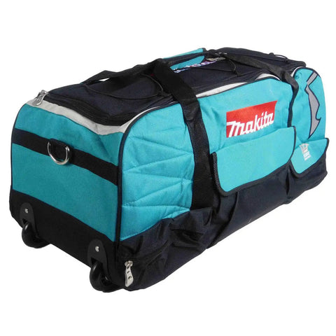 Beefy Wheeled Tool Duffel Bag With Slick Rollers And Rock Solid Handles For Portable Contractor Gear Transport And Massive Jobsite Storage Solutions side view with dark blue and turquoise colors.