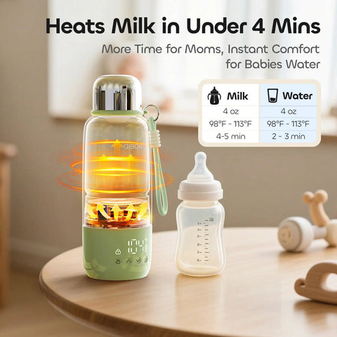 Hit The Road Ready Bottle Warmer For Quick Breast Milk And Formula Heat On The Fly with displayed temperature settings and bottle.