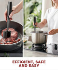 Five Blade Premium Stainless Steel Meat Chopper And Hamburger Press Tool For Fast Ground Beef Crumbling Chicken And Pork Preparation in use chopping meat in pan.