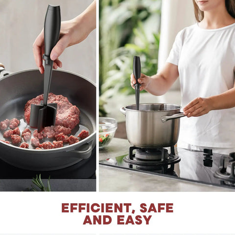 Five Blade Premium Stainless Steel Meat Chopper And Hamburger Press Tool For Fast Ground Beef Crumbling Chicken And Pork Preparation in use chopping meat in pan.