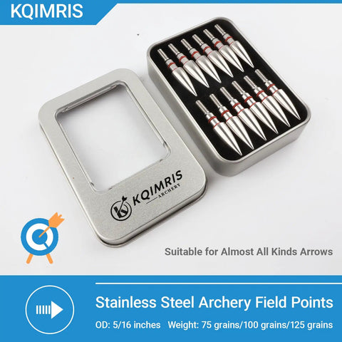 Heavy Duty Stainless Steel Archery Field Points Set 75 100 And 125 Grain Five Sixteenths Inch Screw In Arrow Tips in Box