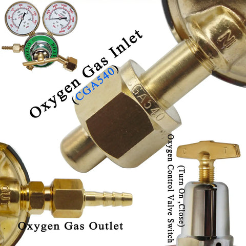 Two Piece Welding Gas Regulator Set For Oxygen CGA-540 And Acetylene CGA-510 With Dual Gauges, close-up of CGA-540 fitting