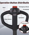 Operation button distribution on Heavy Duty 4400 Lb Electric Pallet Jack Truck With 48 By 27 Inch Forks, ergonomic handle features.