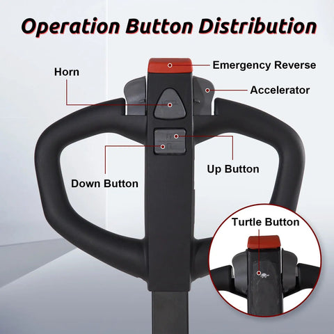 Operation button distribution on Heavy Duty 4400 Lb Electric Pallet Jack Truck With 48 By 27 Inch Forks, ergonomic handle features.