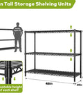 Heavy Duty 3 Tier Wire Shelving Unit With 1200 Lbs Capacity, 48 Inch Long By 20 Inch Wide By 47 Inch High Industrial Storage Rack For Garage, Kitchen, Laundry, Basement, Rust Resistant, Adjustable Shelves. 3-tier black wire shelving unit, 48x20x47 in, adjustable shelves