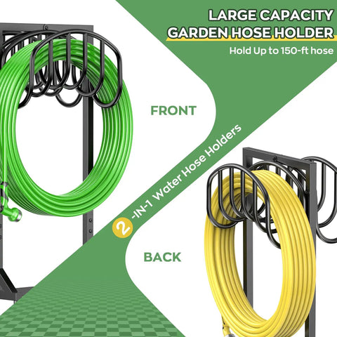 Heavy Duty Metal Freestanding Hose Holder That Holds Two 150 Ft Hoses Rustproof Garden Hose Storage With Four Spikes Durable Outdoor Organizer For Yard Lawn Farm