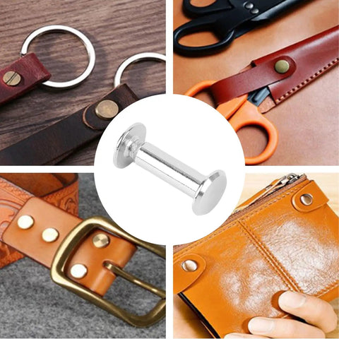Badass Stainless Steel M4 Binding Posts And Flat Round Head Rivet Studs Barrel Screws shown with leather items and tools.