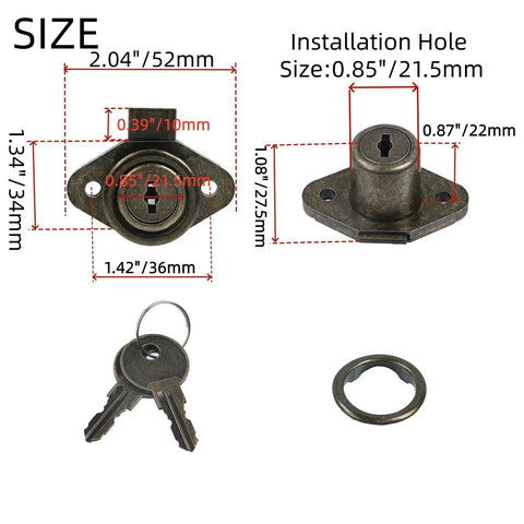 Heavy Duty Zinc Alloy Cabinet Drawer Lock With Antique Bronze Finish, Includes Secure Keys, Child Safe Furniture Hardware For Kitchen Pullout Drawers, Built Like A Tank With No Sweat Installation, shows lock and keys with size details.