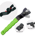 Adjustable green-handled wrench with close-ups of knob and jaw openings, used for various nut and bolt sizes