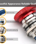 Close-up of stainless steel emergency stop mushroom push button switch with stop sign, showing high-end plugin and sealing detail.