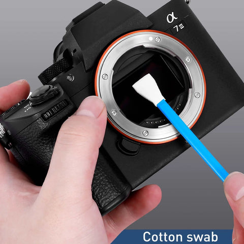 Camera lens cleaning kit by Amazon; close-up of blue cotton swab cleaning the lens mount