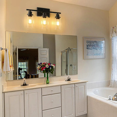 Bathroom with dimmable vintage LED Edison bulbs 6W equal 60W warm white 2700K in a ceiling fixture above a mirror