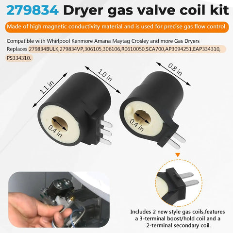 Upgraded Gas Dryer Repair Kit With Igniter And Gas Valve Coils For Whirlpool Kenmore Dryers WP338906 279834 shown measuring dimensions