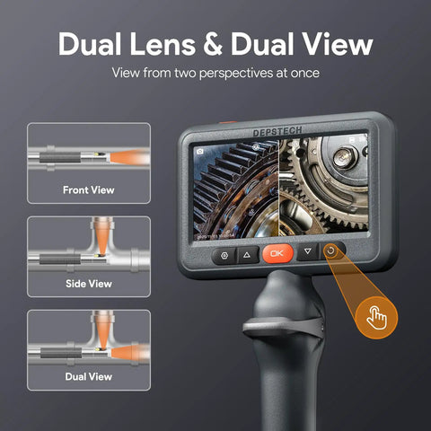 Dual Lens Articulating Borescope Endoscope With Light 5 Foot Reach 1080P HD Camera With Split Screen View And IPS Display Perfect For Auto Repair And Plumbing Inspections Easy To Use In Tight Spaces, dual-view screen