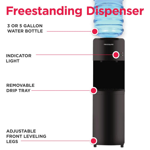 Top Loading Water Cooler Dispenser With Hot And Cold Water And Child Safety Lock Freestanding Slim Space Saving Design For Home Or Office No Fuss 3 Or 5 Gallon Bottles Black with front features labeled.
