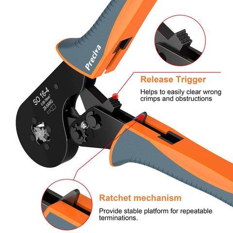 Self Adjusting Wire Ferrule Crimping Tool With Square Jaw For AWG 28-5, Pro Grade Ratchet Pliers with release trigger