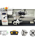 Zero Fuss Operation On This 8X16 Mini Metal Lathe Features A Quiet Gearless Drive And Snap Switch Metric Inch Dialing Perfect For Weekend Hustlers Knocking Out Custom Parts 1100W Benchtop Mill 110V with accessories and tools.