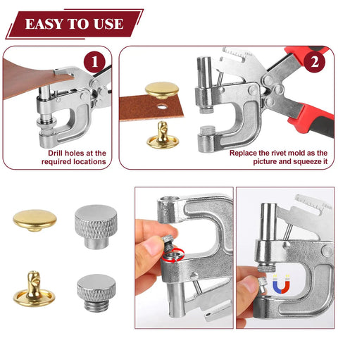 Leather Craft Rivets And Magnetic Snaps Kit With 160 Double Cap 10mm Rivets And 20 Magnetic Buttons In 4 Colors Including 18mm Snap Fasteners instruction guide