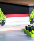 FencePRO FP4 featherboard set (2) by Bow Products with lime-green EVA feathers for table saw fences