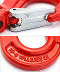 Close-up of Clevis Slip Hook With Latch 1/2 Inch Two Pack, 6940 Lb Working Load Limit, Grade 80 Drop Forged Alloy Steel construction