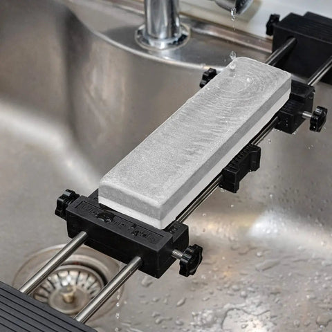 Adjustable Whetstone Stone Holder with Non Slip Base for Secure Knife Sharpening over sink, holding whetstone in place