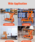 VEVOR hydraulic lift table cart, 1100 lb capacity, orange scissor lift with non-slip top and four wheels