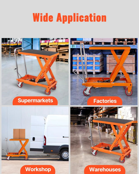 VEVOR hydraulic lift table cart, 1100 lb capacity, orange scissor lift with non-slip top and four wheels