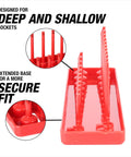 Close-up of the red tray from Six Piece Socket Organizer Set For SAE And Metric Sockets, designed for deep and shallow sockets.